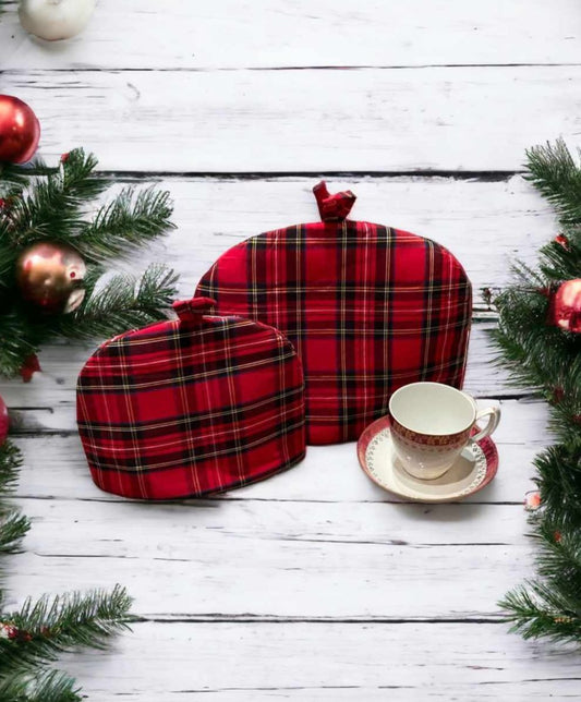 TEA COSY Teapot Cover for a Retro Kitchen Red Royal Stewart Cotton Tartan Plaid